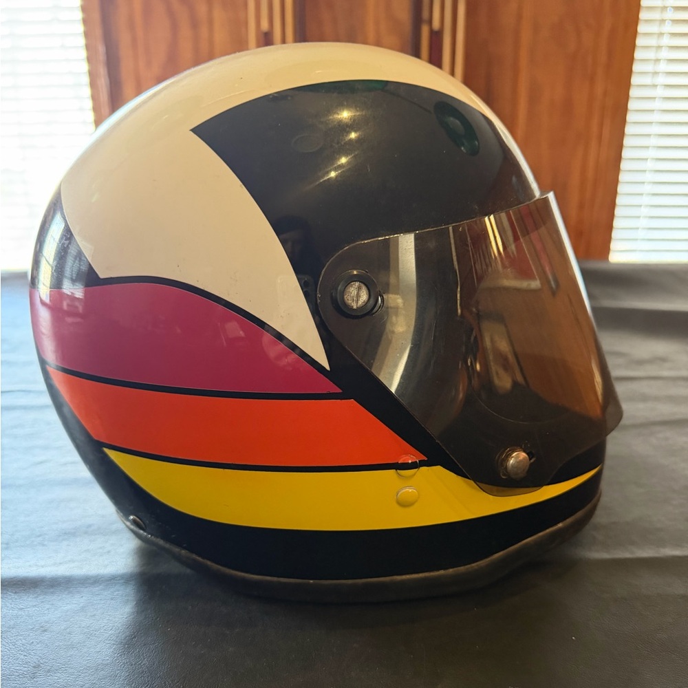 Vintage 70s Motorcycle Black Helmet with Chin Strap